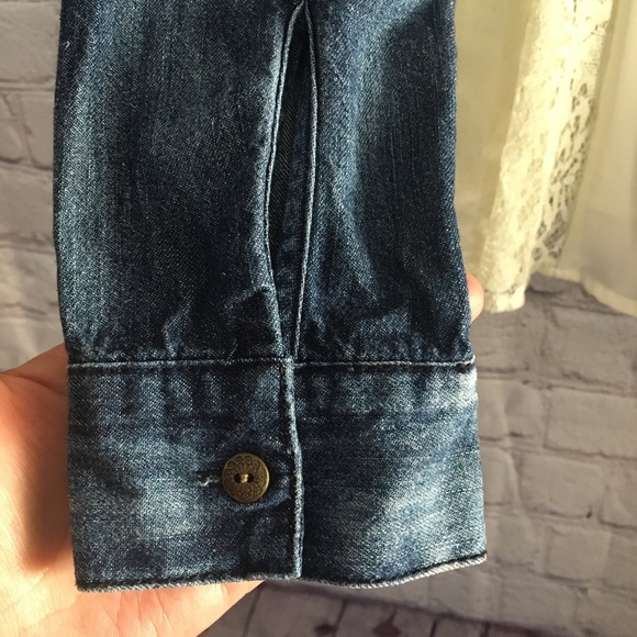 Free People Ivory Sheer Chiffon Lace Denim Blouse - Picture 5 of 8